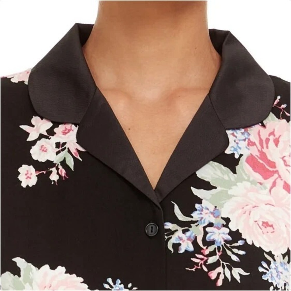 Flora Nikrooz Pajama Set Women Size XL Satin Trim Notch Collar Black Floral NWT - Picture 4 of 7